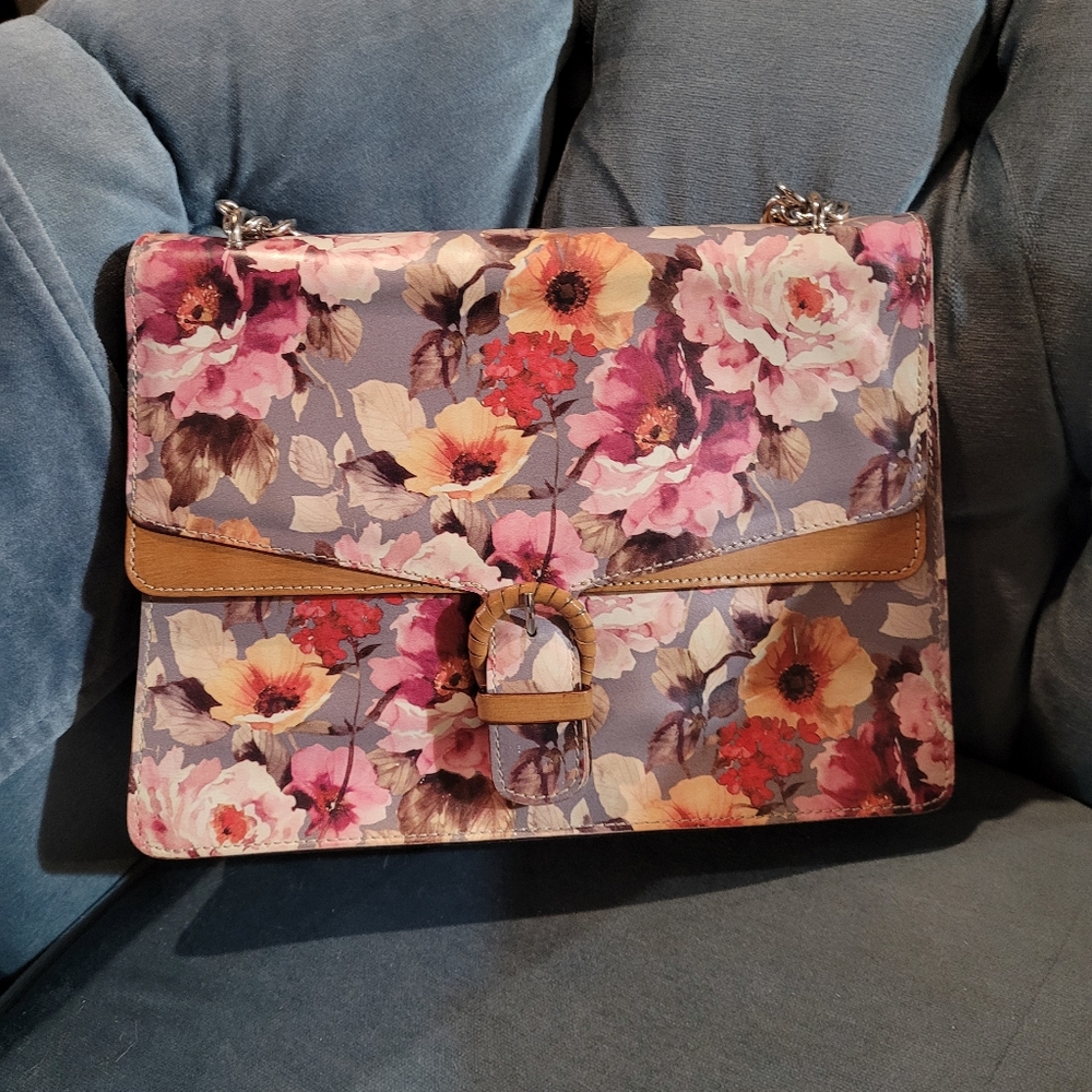 Leather Floral Crossbody Bag with Chain Strap